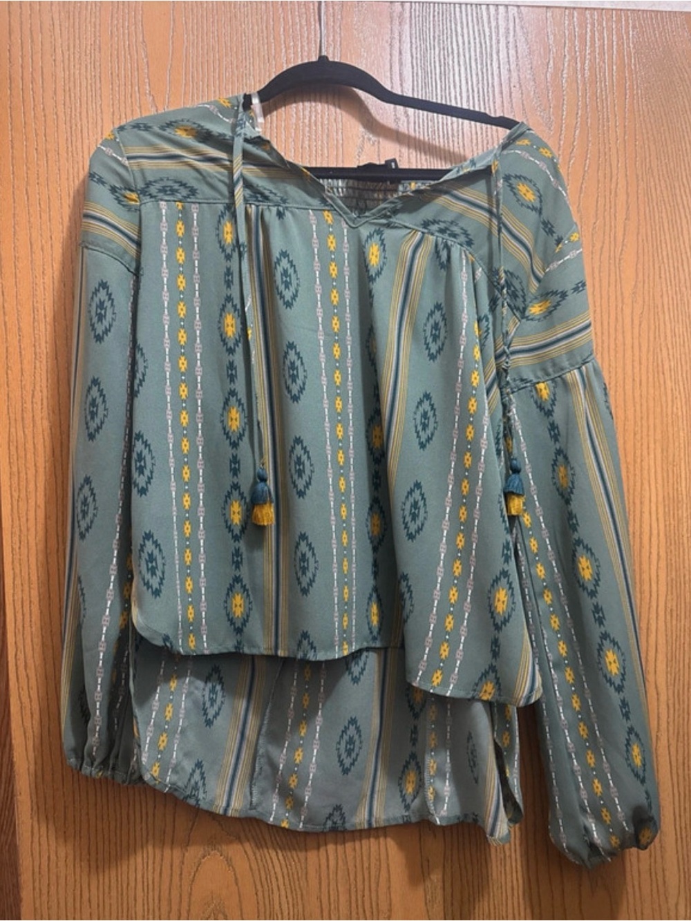 Cruel Girl Sage Green Boho Tie-Neck Blouse with Yellow Accents